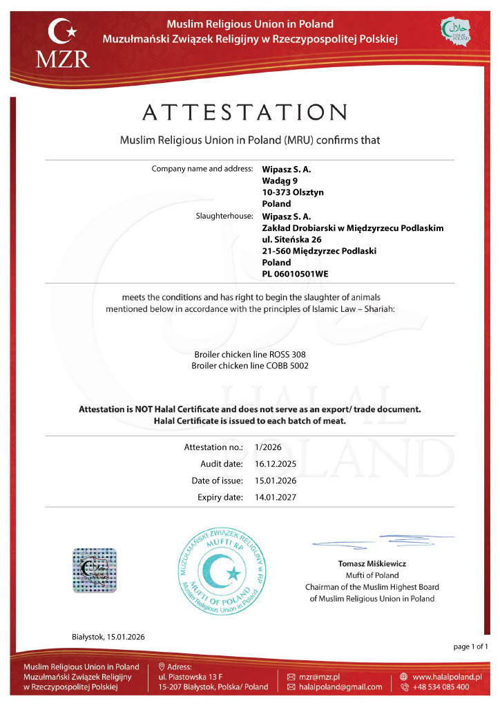 Wipasz Halal certificate Chicken Pieces 27.1.2027